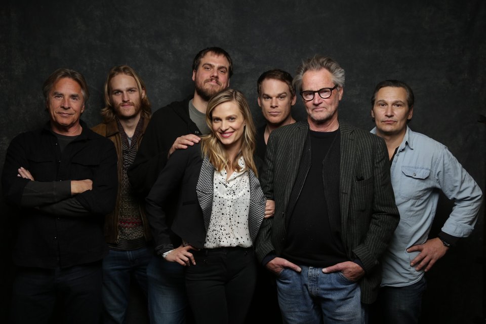 Cast members of the film "Cold in July," including from left, Don Johnson, Wyatt Russell, director Jim Mickle, Vinessa Shaw, Michael C. Hall, Sam Shepard and Nick Damici.